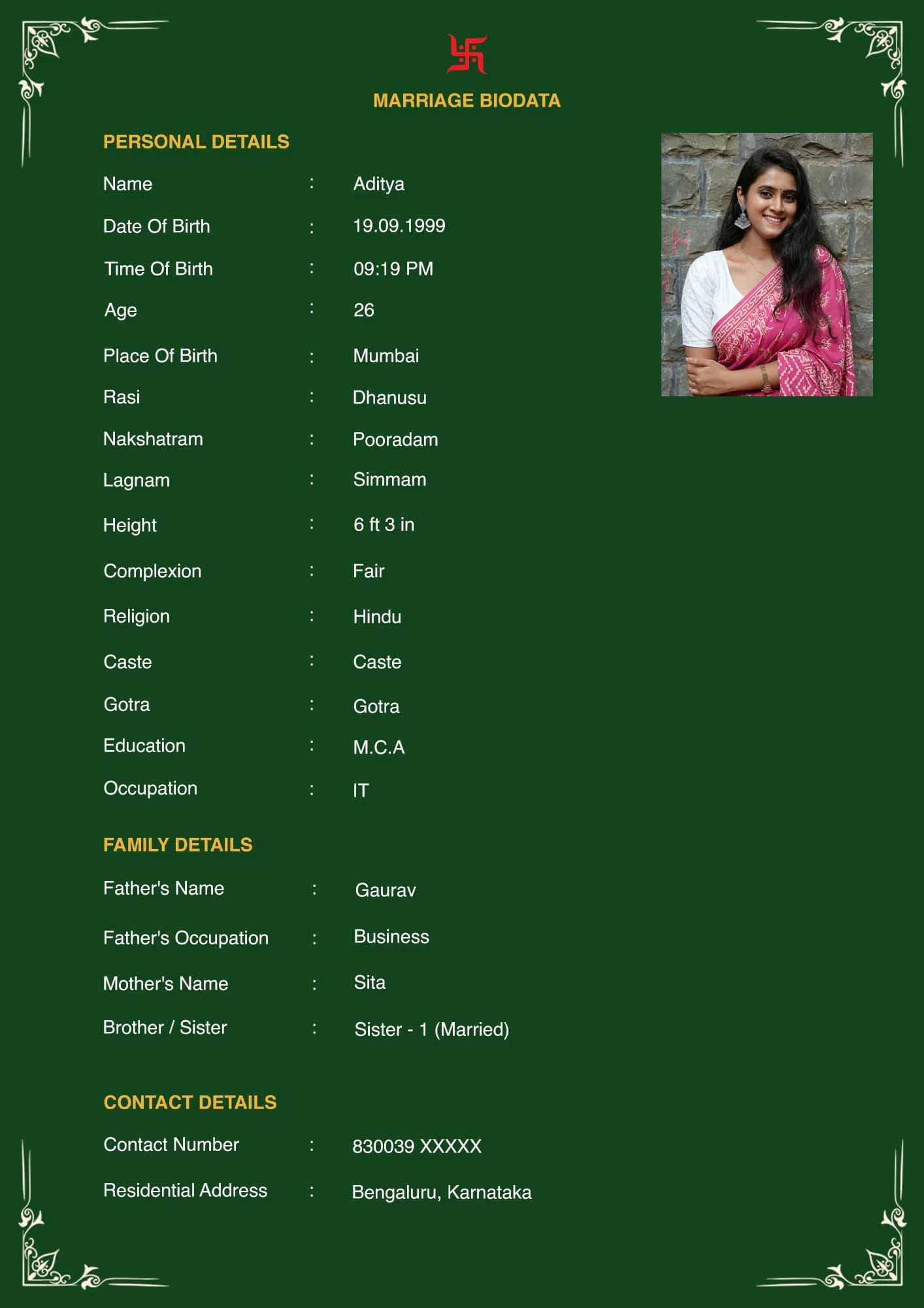 Marriage biodata format for girl - Elegant green floral template